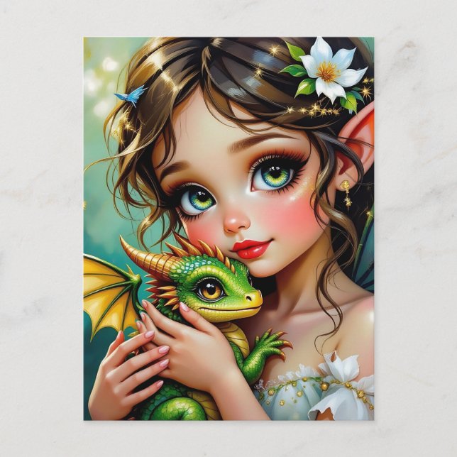 Pretty  Fairy and Dragon Themed Girl's   Vykort (Framsida)