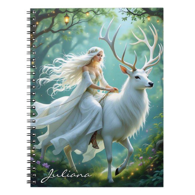 Pretty Fairy and White Deer in Enchanted Forest Anteckningsbok (Framsidan)