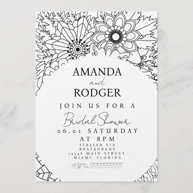 Pretty Floral Doodles Black White Bridal Shower Inbjudningar (Framsida)