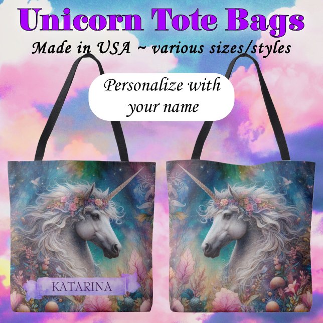Pretty Floral Whimsical Unicorn Custom Name Tygkasse (Skapare uppladdad)