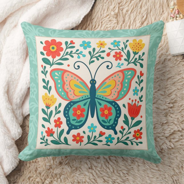 Pretty Folk Art Butterfly  Kudde (Filt)