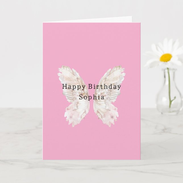 Pretty Girly Pink Butterfly Wings Birthday Kort (Liten växt)