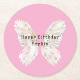 Pretty Girly Pink Butterfly Wings Birthday Underlägg Papper Rund