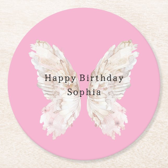 Pretty Girly Pink Butterfly Wings Birthday Underlägg Papper Rund (Framsidan)