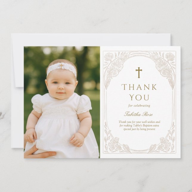 Pretty Gold Floral Baptism Thank You Card Inbjudningar (Framsida)