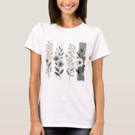 PRETTY GRAY AND WHITE PASTEL WILDFLOWERS T SHIRT