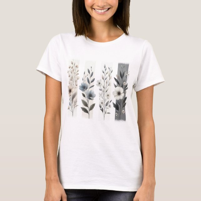 PRETTY GRAY AND WHITE PASTEL WILDFLOWERS T SHIRT (Framsida)