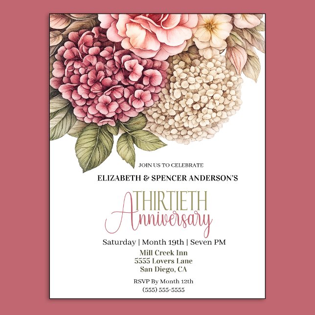 Pretty Hydrangea Rose 30th Anniversary  Inbjudningar (Pretty Hydrangea and Rose 30th Wedding Anniversary Party Invitation.)