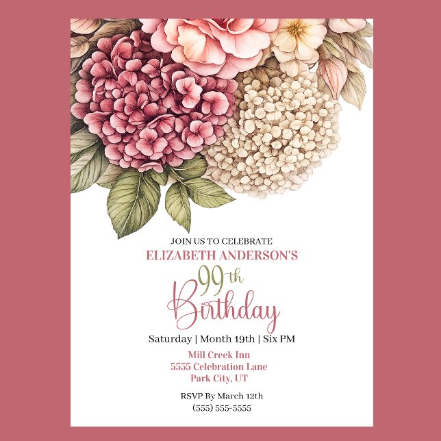 Pretty Hydrangea Rose 99th Birthday Inbjudningar (Pretty Hydrangea and Rose 99th Birthday invitation For Women.)