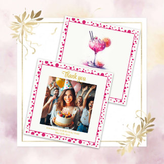 Pretty in Pink Temad Cocktail Födelsedags Tacksamh Tack Kort