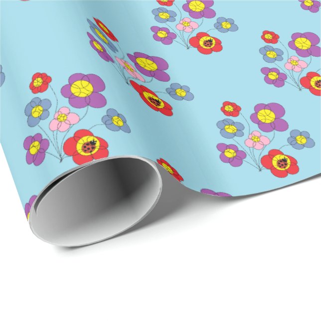 Pretty Ladybugs and Flower Pattern Blue  Presentpapper (Rullad Hörn)