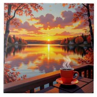 Pretty Lake Side View of a Sunrise and Warm Coffee Kakelplatta