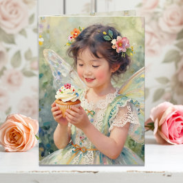 Pretty Little Fairy Girl with Cupcake Birthday Kort