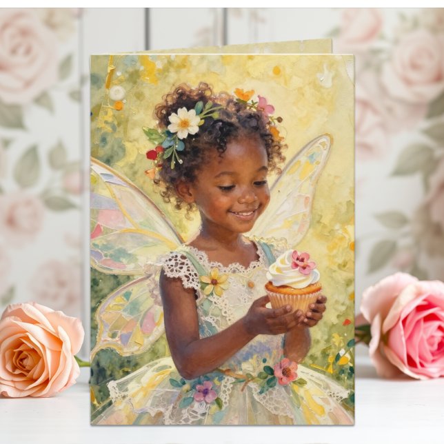 Pretty Little Fairy Girl with Cupcake Birthday Kort (Skapare uppladdad)