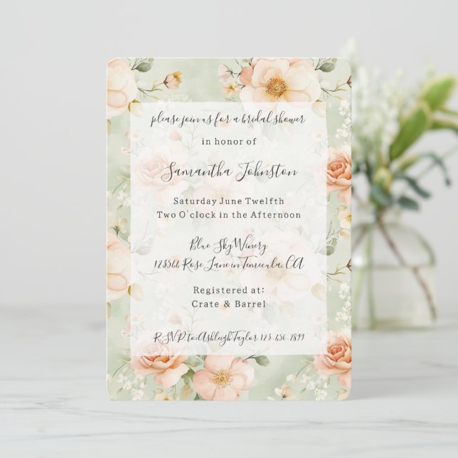 Pretty Mint Peach Floral Bridal Shower Inbjudningar (Stående Fram)