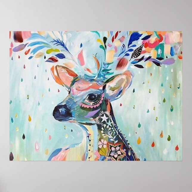 Pretty Modern Deer Art Flower Antlers Poster (Framsidan)