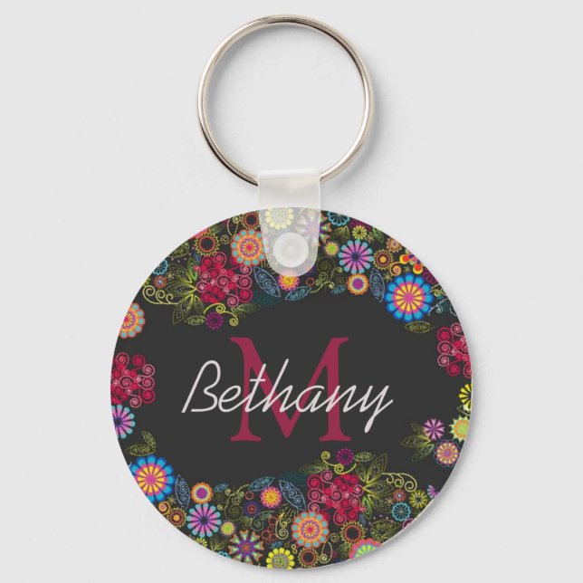Pretty Ornate Dark Floral Pattern Personalised Nyckelring (Framsida)