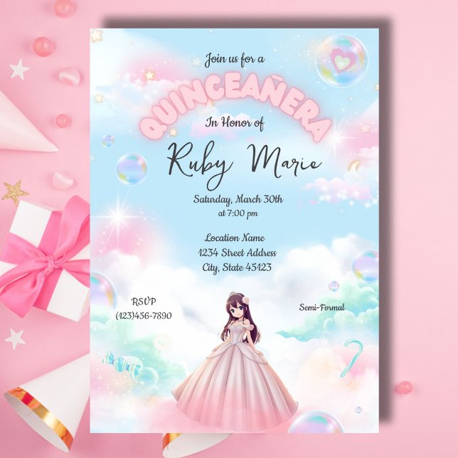 Pretty Pastel Anime Girl Quinceanera Invitation Inbjudningar (Skapare uppladdad)