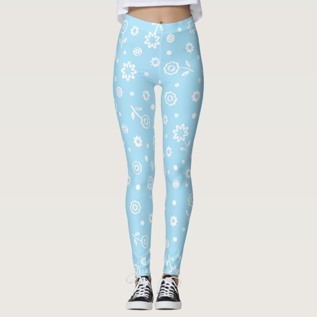 Pretty Pastel Blue Floral Pattern Leggings (Framsida)