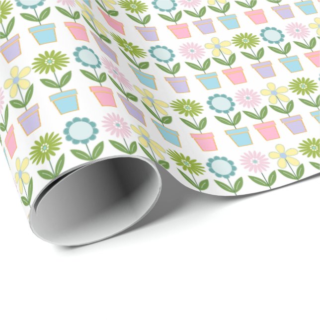 Pretty Pastel Flower Pots Pattern Presentpapper (Rullad Hörn)