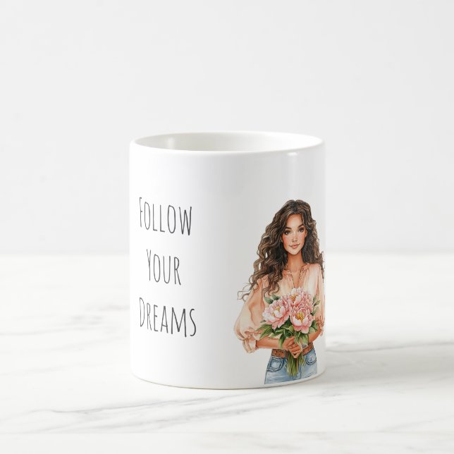 Pretty Peach Floral Dreams Brown Hair Lady Kaffemugg (Center)