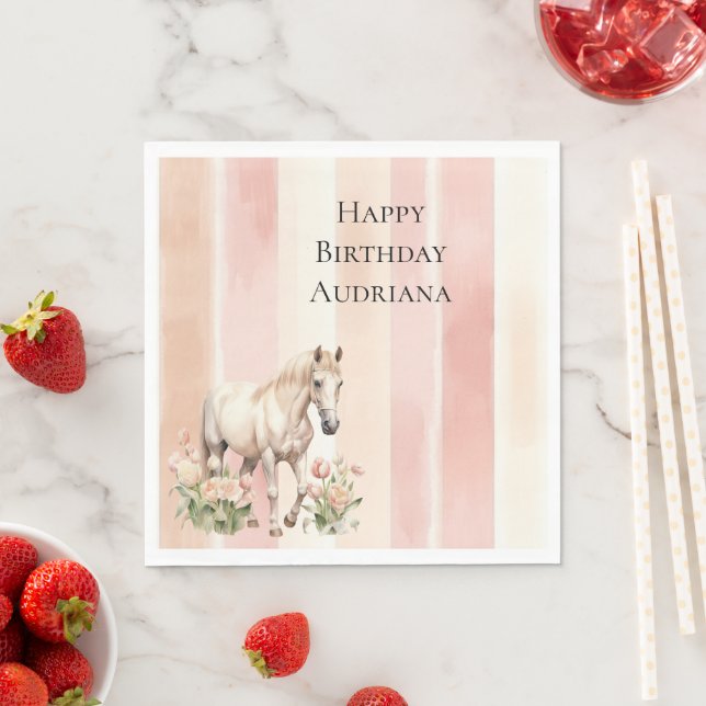 Pretty Peach Pink Cream Stripes Horse Birthday Pappersservett (Insitu)