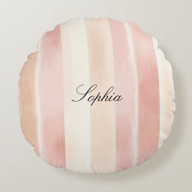 Pretty Peach Pink Cream Stripes  Rund Kudde (Framsidan)