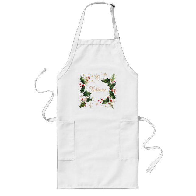 Pretty Personalized Holly & Snowflakes Xmas Apron Långt Förkläde (Framsidan)