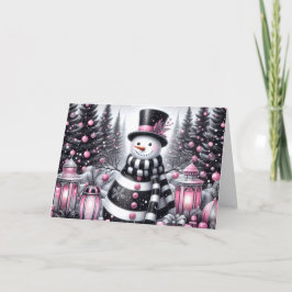 Pretty Pink and Black Snowman Christmas Helgkort