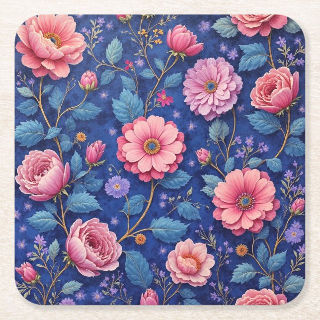 Pretty pink and blue floral pattern underlägg papper kvadrat (Framsidan)