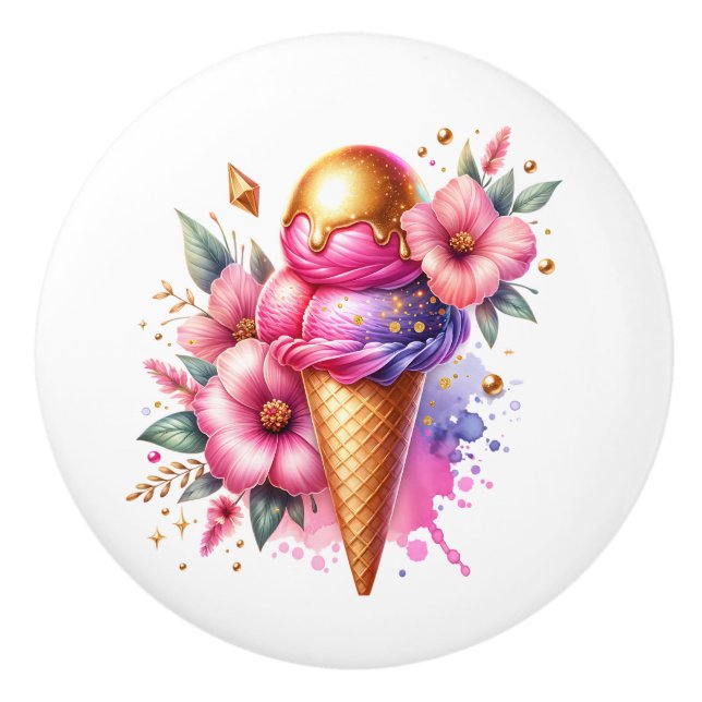 Pretty Pink and Gold Ice Cream Cone Birthday Knopp (Framsidan)