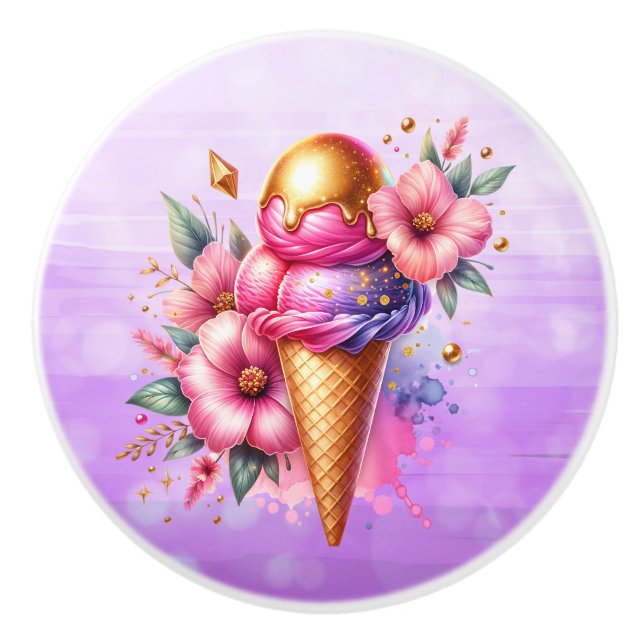 Pretty Pink and Gold Ice Cream Cone Birthday Knopp (Framsidan)