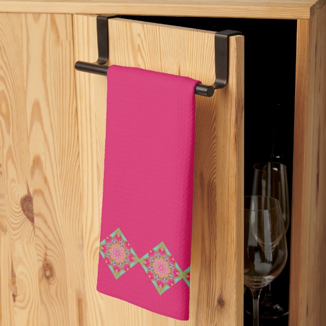 Pretty Pink and Green Floral Kökshandduk (Thirds Fold)