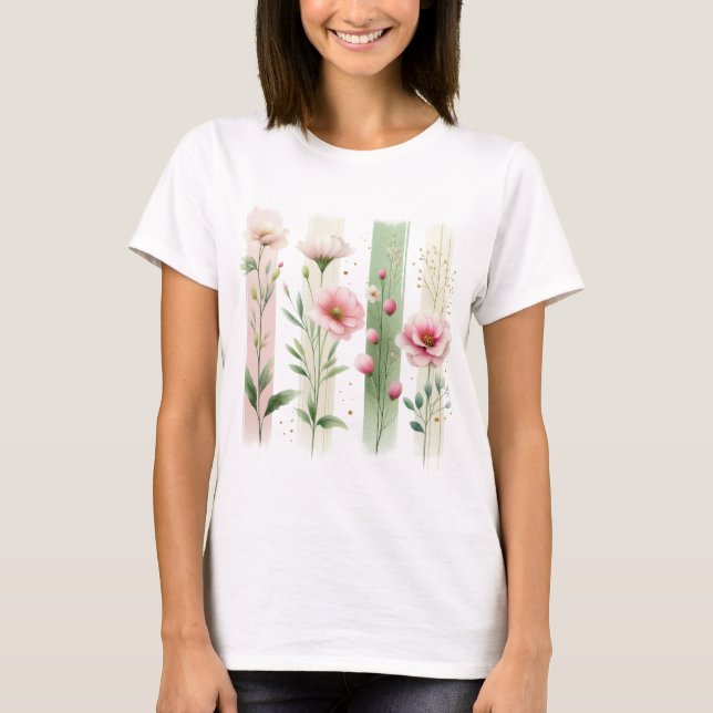 PRETTY PINK AND GREEN PASTEL WILDFLOWERS T SHIRT (Framsida)