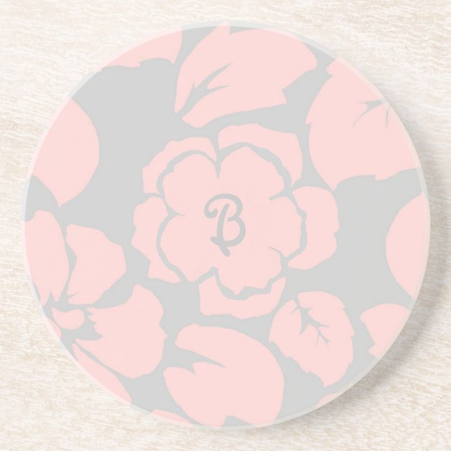 Pretty Pink and Grey Floral Monogram Underlägg (Framsidan)