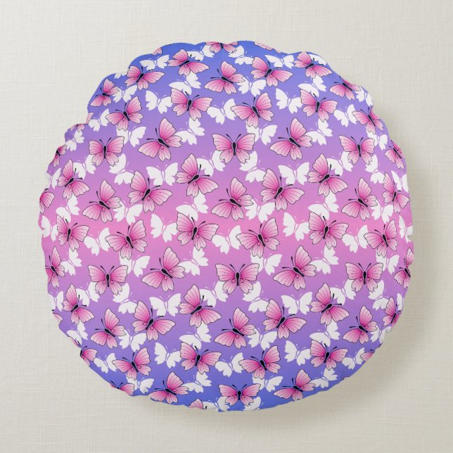 Pretty Pink and White Butterfly Round Pillow  Rund Kudde (Framsidan)