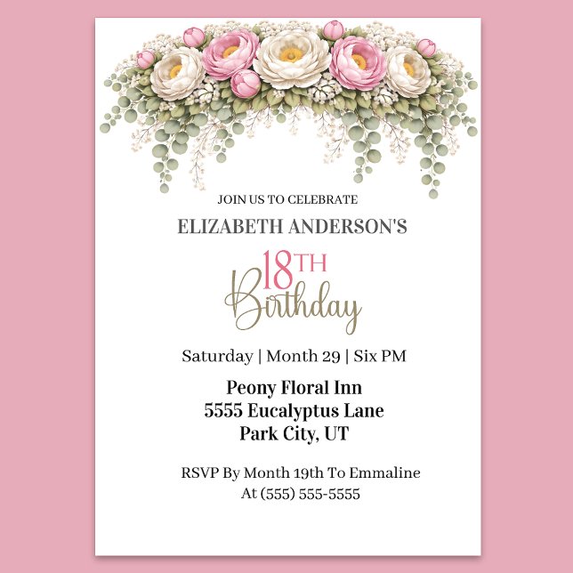 Pretty Pink and White Peony 18th Birthday Inbjudningar (Elegant pink peony floral 18th birthday invitation )