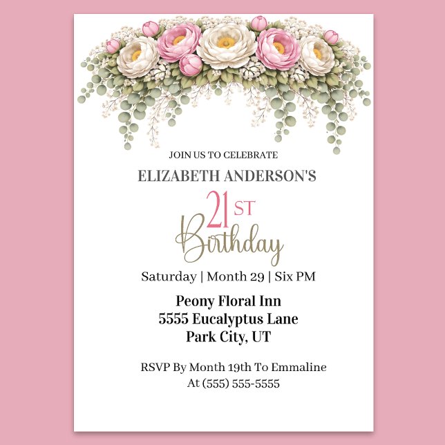 Pretty Pink and White Peony 21st Birthday Inbjudningar (Elegant pink peony and eucalyptus floral 21st birthday invitation)