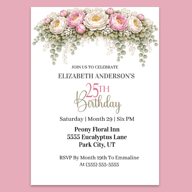 Pretty Pink and White Peony 25th Birthday Inbjudningar (Elegant pink peony and eucalyptus floral 25th birthday party invitation)