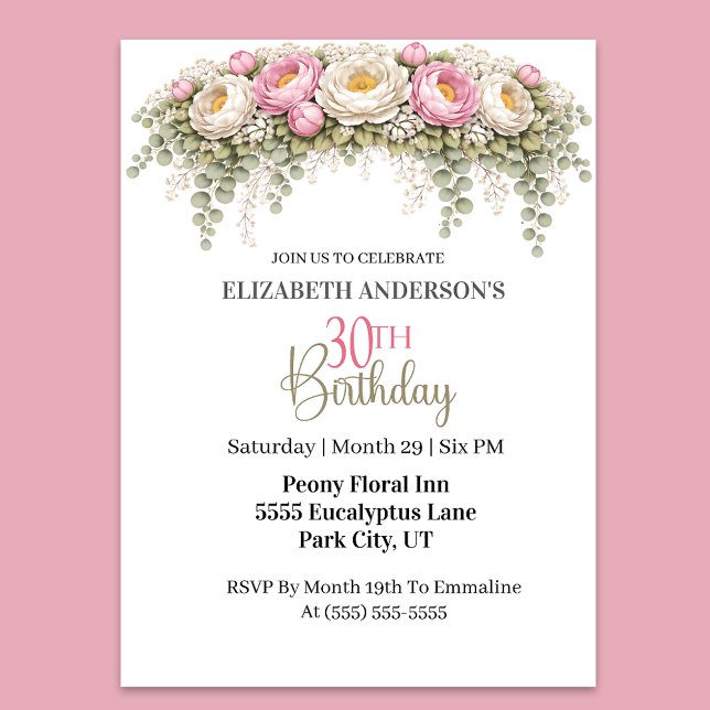 Pretty Pink and White Peony 30th Birthday Inbjudningar (Elegant pink peony floral 30th birthday invitation)