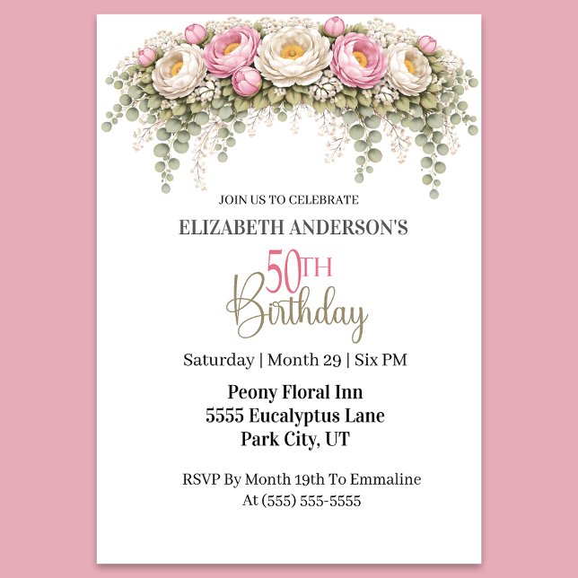 Pretty Pink and White Peony 50th Birthday Inbjudningar (Elegant pink and ivory peony floral 50th birthday party invitation )