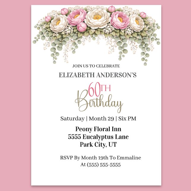 Pretty Pink and White Peony 60th Birthday Inbjudningar (Elegant pink peony and eucalyptus floral 60th birthday invitation)