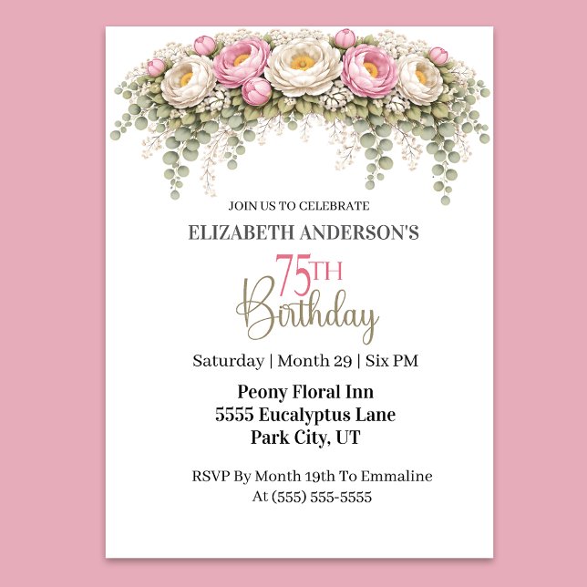 Pretty Pink and White Peony 75th Birthday Inbjudningar (Elegant pink and white peony floral 75th birthday invitation)