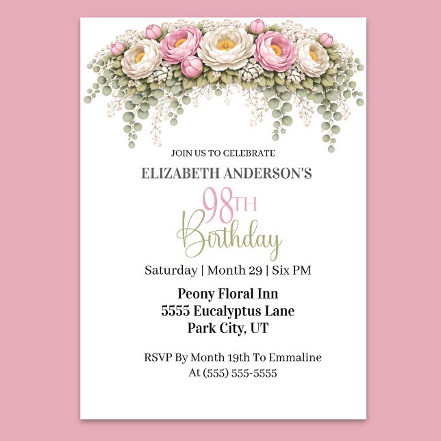Pretty Pink and White Peony 98th Birthday Inbjudningar (Elegant pink and white peony floral 98th birthday invitation)