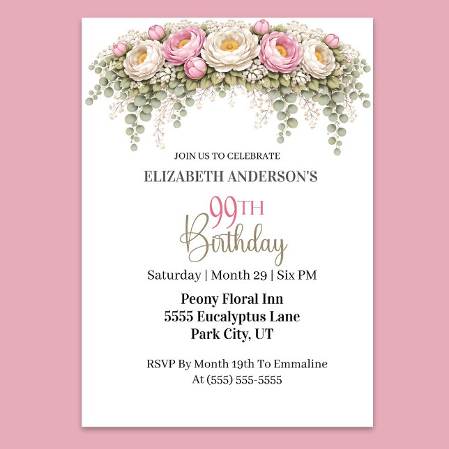 Pretty Pink and White Peony 99th Birthday Inbjudningar (Elegant pink and white peony floral 99th birthday invitation)