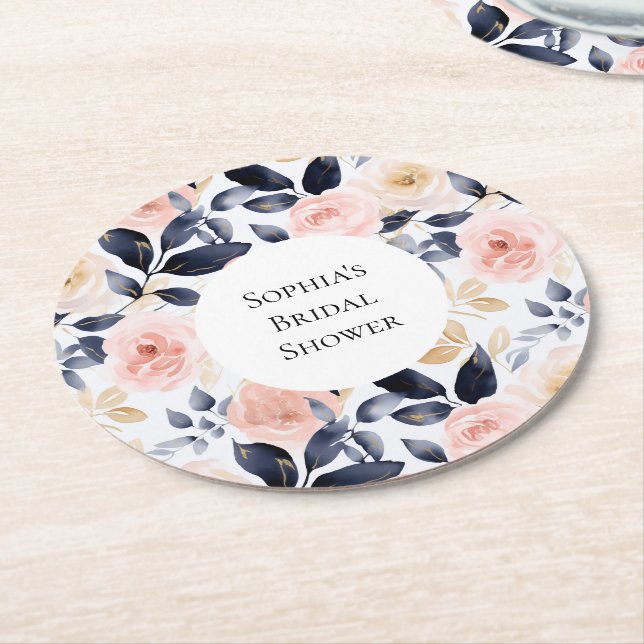 Pretty Pink Blue White Flowers Bridal Shower Underlägg Papper Rund (Vinklad)
