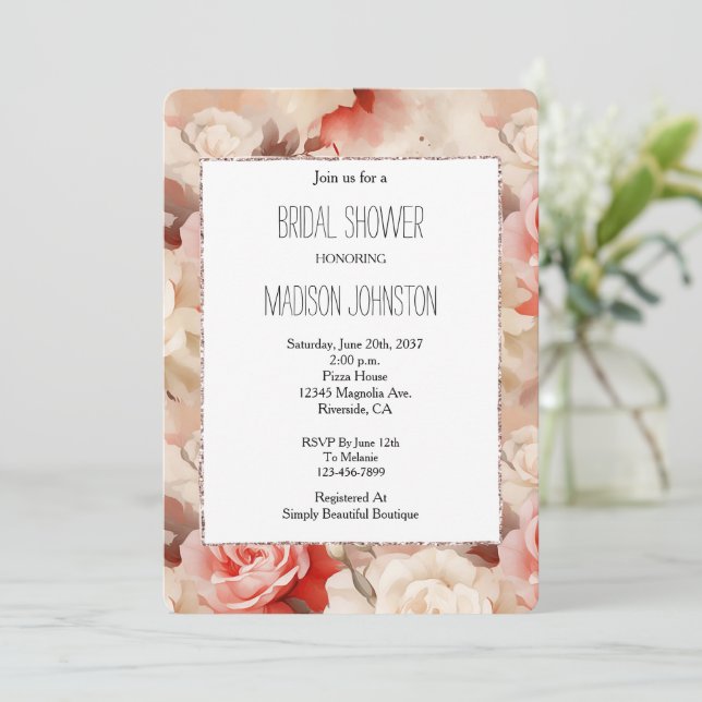 Pretty Pink Blush Cream Rose Floral Bridal Shower Inbjudningar (Stående Fram)