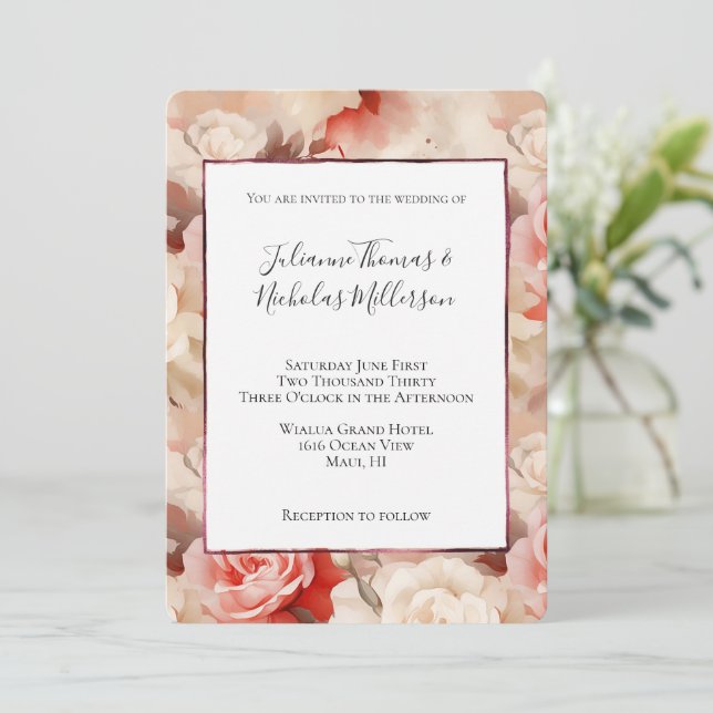 Pretty Pink Blush Cream Rose Floral Wedding  Inbjudningar (Stående Fram)