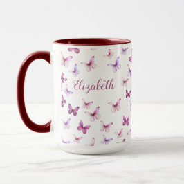 Pretty Pink Butterflies Custom Name Colored Handle Mugg