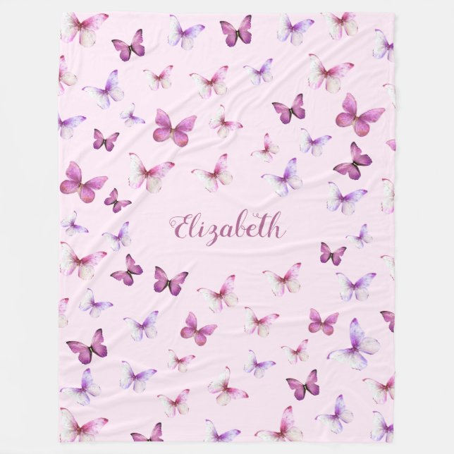 Pretty Pink Butterflies Custom Name Girl Fleecefilt (Framsidan)